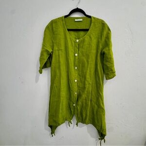Bryn Walker Women’s Green Buttoned Tunic Top Asymmetrical Hem Linen